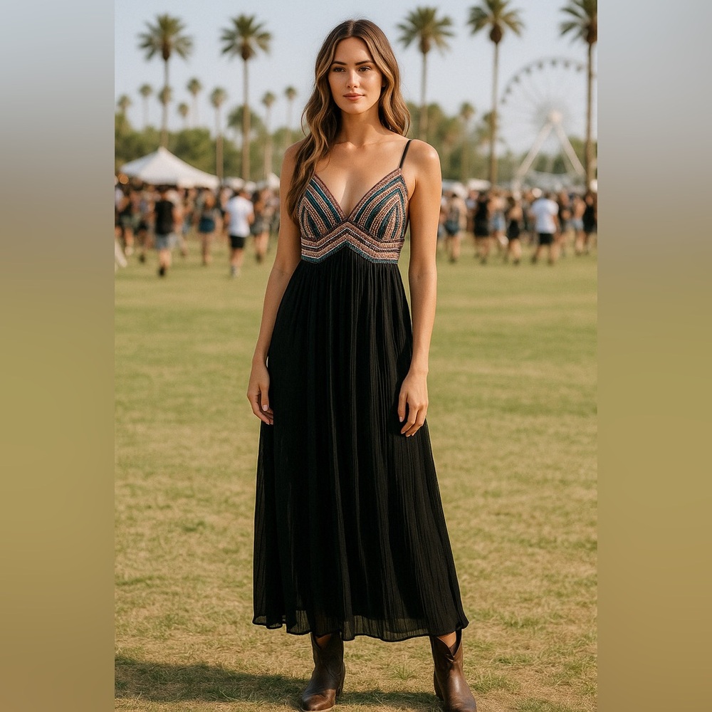 Boho Embroidered Black Maxi Dress
